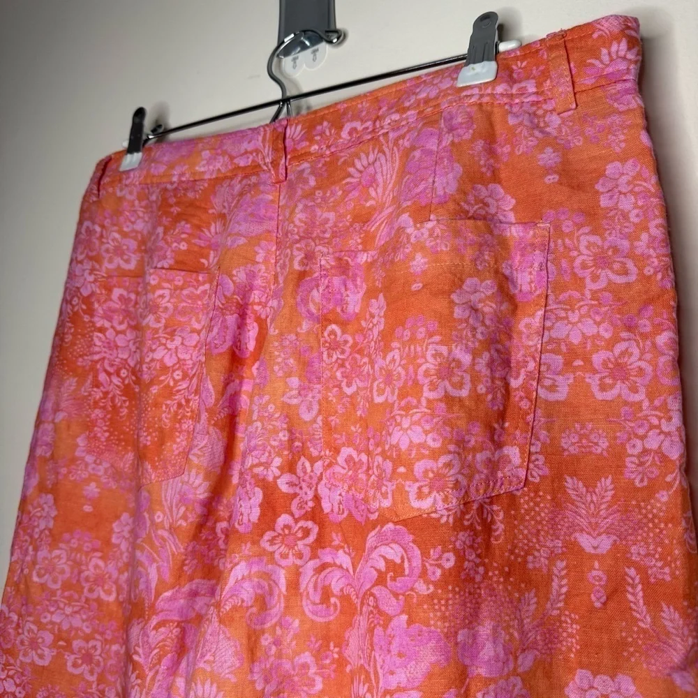 ZARA Full Length Linen Blend Floral Pink Beachy Boho Pants in Geranium Print